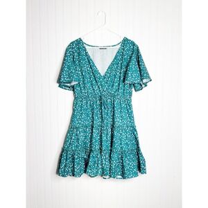 SHEIN Women's Green Floral Tiered Mini Dress Flutter Sleeve V-Neck Size XL US 12